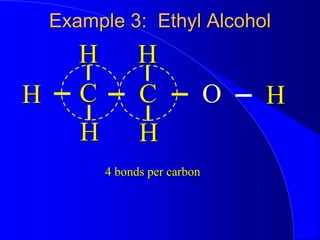 Example 3: Ethyl Alcohol
C O
C
4 bonds per carbon
H H
H H
H H
 