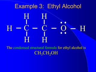 Example 3: Ethyl Alcohol
C O
C
The condensed structural formula for ethyl alcohol is
CH3CH2OH
H H
H H
H H
 