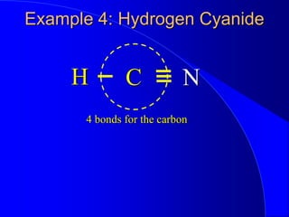 Example 4: Hydrogen Cyanide
H N
C
4 bonds for the carbon
 