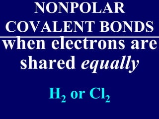 NONPOLAR 
COVALENT BONDS 
when electrons are 
shared equally 
H2 or Cl2 
 