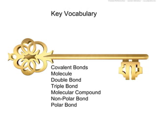 Key Vocabulary 
Covalent Bonds 
Molecule 
Double Bond 
Triple Bond 
Molecular Compound 
Non-Polar Bond 
Polar Bond 
 