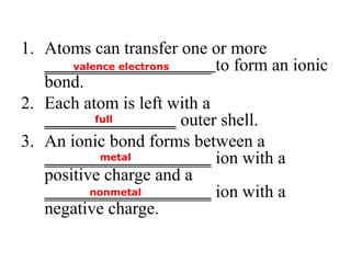 1. Atoms can transfer one or more
___________________ to form an ionic
bond.
2. Each atom is left with a
_______________ outer shell.
3. An ionic bond forms between a
___________________ ion with a
positive charge and a
___________________ ion with a
negative charge.
valence electrons
full
metal
nonmetal
 