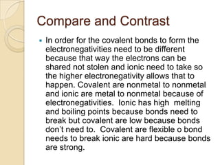 Compare and Contrast
   In order for the covalent bonds to form the
    electronegativities need to be different
    because that way the electrons can be
    shared not stolen and ionic need to take so
    the higher electronegativity allows that to
    happen. Covalent are nonmetal to nonmetal
    and ionic are metal to nonmetal because of
    electronegativities. Ionic has high melting
    and boiling points because bonds need to
    break but covalent are low because bonds
    don’t need to. Covalent are flexible o bond
    needs to break ionic are hard because bonds
    are strong.
 