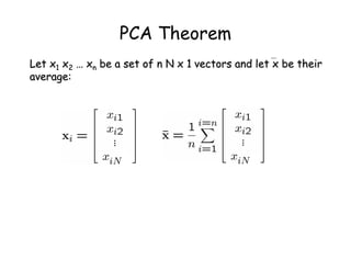 PCA Theorem
Let x
Let x1
1 x
x2
2 …
… x
xn
n be a set of n N x 1 vectors and let x be their
be a set of n N x 1 vectors and let x be their
average:
average:
 