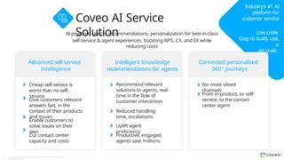 Coveo AI Service
Solution
Intelligent knowledge
recommendations for agents
Connected personalized
360° journeys
Advanced self-service
intelligence
AI-powered search, recommendations, personalization for best-in-class
self-service & agent experiences, boosting NPS, CX, and EX while
reducing costs
No more siloed
channels
From in-product, to self-
service, to the contact
center agent
Recommend relevant
solutions to agents, real-
time in the flow of
customer interaction
Reduced handling-
time, escalations
Uplift agent
proficiency
Productive, engaged
agents save millions
Cheap self-service is
worst than no self-
service
Give customers relevant
answers fast, in the
context of their products
and issues
Enable customers to
solve issues on their
own
Cut contact center
capacity and costs
Industry’s #1 AI
platform for
customer service
Copyright © Coveo Solutions Inc. All rights reserved. Proprietary and
CONFIDENTIAL 2023
22
Low code.
Easy to build, use,
a
nd scale
 