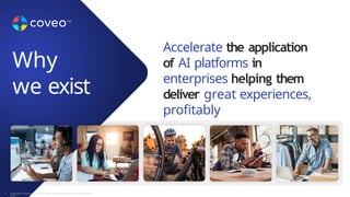 Why
we exist
Accelerate the application
of AI platforms in
enterprises helping them
deliver great experiences,
profitably
3 Copyright © Coveo Solutions Inc. All rights reserved. Proprietary and CONFIDENTIAL
2023
 