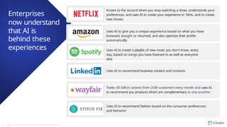 Enterprises
now understand
that AI is
behind these
experiences
Knows to the second when you stop watching a show, understands your
preferences, and uses AI to create your experience in 10ms, and to create
new shows
Uses AI to give you a unique experience based on what you have
browsed, bought or returned, and also optimize their profits
automatically
Uses AI to create a playlist of new music you don't know, every
day, based on songs you have listened to as well as everyone
else
Uses AI to recommend business content and contacts
Tracks 40 billion actions from 20M customers every month and uses AI
to recommend you products which are complementary to one another
Uses AI to recommend fashion based on the consumer preferences
and behavior
4 Copyright © Coveo Solutions Inc. All rights reserved. Proprietary and CONFIDENTIAL
2023
 