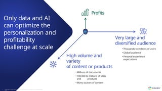 Only data and AI
can optimize the
personalization and
profitability
challenge at scale
High volume and
variety
of content or products
• Millions of documents
• 100,000 to millions of SKUs
and products
• Many sources of content
Profits
Very large and
diversified audience
• Thousands to millions of users
• Global audience
• Personal experience
expectations
7 Copyright © Coveo Solutions Inc. All rights reserved. Proprietary and CONFIDENTIAL
2023
 