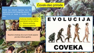 Čovek-deo prirode
Čovek nije oduvek izgledao kao što
izgleda danas (vidi fotografiju desno).
EVOLUCIJA je nauka o razvoju živih
bića.
Evoluciju čoveka možemo
posmatrati na dva načina:
1) Telesna evolucija,
2) Kulturna evolucija.
Naučnici smatraju da se prvi čovek pojavio
pre dva miliona godina.
 