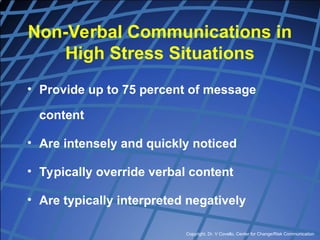 Copyright, Dr. V Covello, Center for Change/Risk Communication
Non-Verbal Communications in
High Stress Situations
• Provide up to 75 percent of message
content
• Are intensely and quickly noticed
• Typically override verbal content
• Are typically interpreted negatively
 