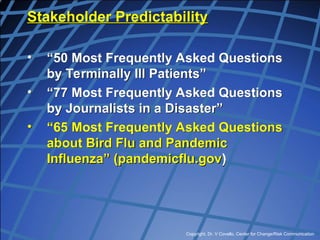 Copyright, Dr. V Covello, Center for Change/Risk Communication
Stakeholder Predictability
• “50 Most Frequently Asked Questions
by Terminally Ill Patients”
• “77 Most Frequently Asked Questions
by Journalists in a Disaster”
• “65 Most Frequently Asked Questions
about Bird Flu and Pandemic
Influenza” (pandemicflu.gov)
 