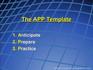 Copyright, Dr. V Covello, Center for Change/Risk Communication
The APP Template
1. Anticipate
2. Prepare
3. Practice
 