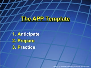 Copyright, Dr. V Covello, Center for Change/Risk Communication
The APP Template
1. Anticipate
2. Prepare
3. Practice
 