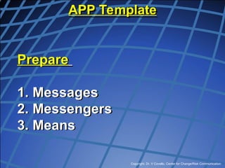 Copyright, Dr. V Covello, Center for Change/Risk Communication
Prepare
1. Messages
2. Messengers
3. Means
APP Template
 