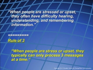 Copyright, Dr. V Covello, Center for Change/Risk Communication
“When people are stressed or upset,
they often have difficulty hearing,
understanding, and remembering
information.”
=========
Rule of 3
“When people are stress or upset, they
typically can only process 3 messages
at a time.”
 