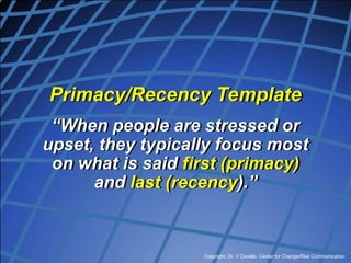 Copyright, Dr. V Covello, Center for Change/Risk Communication
Primacy/Recency Template
“When people are stressed or
upset, they typically focus most
on what is said first (primacy)
and last (recency).”
 