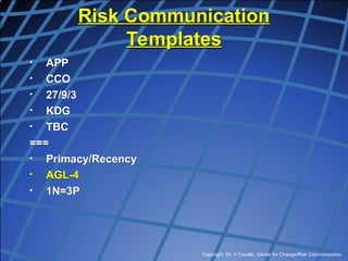 Copyright, Dr. V Covello, Center for Change/Risk Communication
Risk Communication
Templates
• APP
• CCO
• 27/9/3
• KDG
• TBC
===
• Primacy/Recency
• AGL-4
• 1N=3P
 