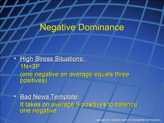 Copyright, Dr. V Covello, Center for Change/Risk Communication
Negative Dominance
• High Stress Situations:
1N=3P
(one negative on average equals three
positives)
• Bad News Template:
It takes on average 3 positives to balance
one negative.
 