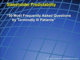 Copyright, Dr. V Covello, Center for Change/Risk Communication
Stakeholder Predictability
“50 Most Frequently Asked Questions
by Terminally Ill Patients”
 