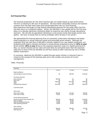 Covenant Financial Advisors, LLC




6.0 Financial Plan


   The financial projections for this 2010 business plan are solidly based on past performance.
   The firm is entering its 4th year of operations. We have taken actual P&L revenue and expense
   numbers from the past three years and incorporated them into our 2010 forecast.
   Past experience has taught us that hosting educational seminars for the public offers the firm
   the best return on investment dollars. Hence, the $50,000 in new capital will for the first time
   allow us to allocate significant marketing dollars to acquiring new clients through educational
   seminars. We will also do specialized marketing in and around events that target women and
   golfers. We have no doubt that we will be profitable within 90 days if not sooner!

   We approached the financial planning from an extremely conservative standpoint and based
   those projections on actual historical results and achievable gross margins. Although our
   projected 2010 net cash flow of $83,000 is directly related to our new capital investment; our
   projected profit before interests and taxes is conservatively projected to grow by 25% in year
   2 and another 20% in year 3 due to the expected expansion costs of a rapidly growing firm.
   Also, our actual interest and tax rates will most likely be somewhat lower than the assumed
   rates due to some of the tax benefits we will have access to after restructuring into a limited
   liability corporation.

   In summary, obtaining the $50,000 in capital through equity infusion or long-term loan is
   critical to the success of this business plan and is the number one priority of current
   management.

Table: Financials


   Financials
                                                                       FY 2011     FY 2012     FY 2013
   Beginning Balance
   Opening Balance Cash & Checking                                         $0      $83,000   $148,000

   Plus Money Received
   New Investment                                                      $50,000          $0         $0
   New Loans                                                                $0          $0         $0
   Sales                                                              $220,000    $315,000   $385,000
   Other                                                                    $0          $0         $0
   Subtotal Money Received                                            $270,000    $315,000   $385,000

   Less Money Spent


   Direct Costs
   Direct Cost of Sales                                                $65,000     $72,000     $80,000
   Other Costs of Sales                                                 $5,250     $13,500     $15,000

   Normal Operating Expenses
   Payroll and Payroll Taxes, Benefits, Etc.                           $50,000     $90,000   $120,000
   Rent and Utilities                                                   $3,400      $6,000     $7,500
   Sales and Marketing Expenses                                         $3,950      $2,500     $4,000
   Other Operating Expenses                                             $3,900      $3,000     $4,500

   Other Outflows
   Payments of Taxes                                                   $46,000     $60,000     $75,000
   Debt Payments                                                        $5,000          $0          $0

                                                                                             Page 11
 