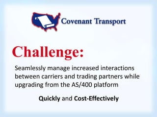 Challenge: 
Seamlessly manage increased interactions 
between carriers and trading partners while 
upgrading from the AS/400 platform 
Quickly and Cost-Effectively 
 