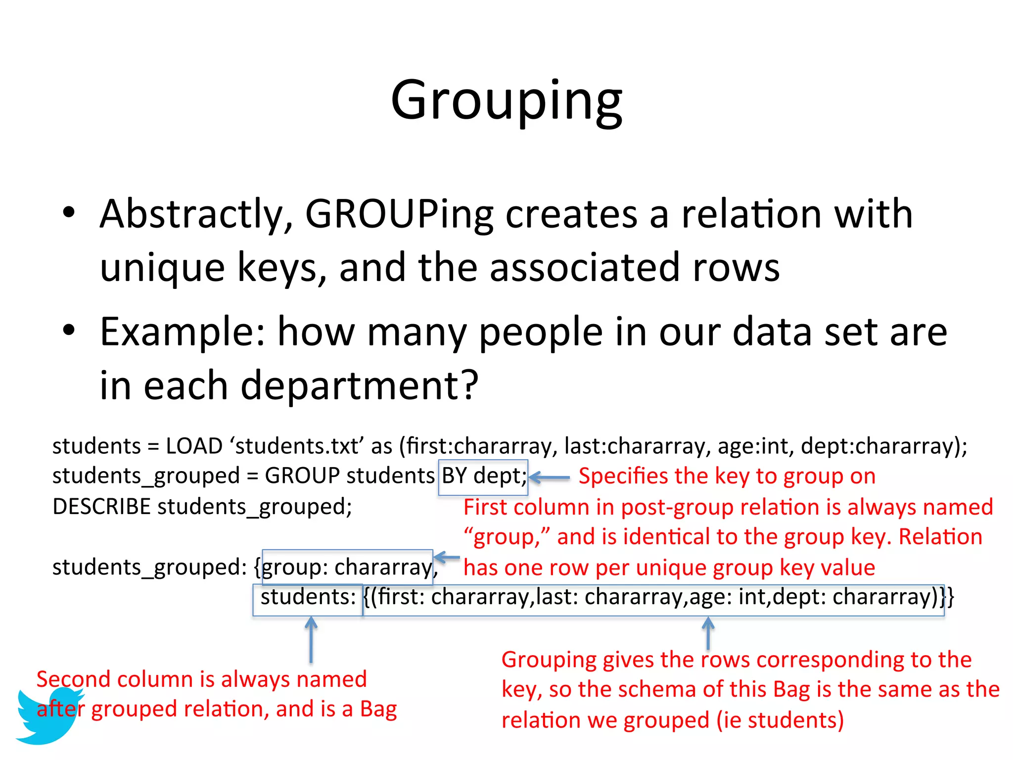 Grouping	
  
   •  Abstractly,	
  GROUPing	
  creates	
  a	
  relaAon	
  with	
  
      unique	
  keys,	
  and	
  the	
  associated	
  rows	
  
   •  Example:	
  how	
  many	
  people	
  in	
  our	
  data	
  set	
  are	
  
      in	
  each	
  department?	
  
  students	
  =	
  LOAD	
  ‘students.txt’	
  as	
  (ﬁrst:chararray,	
  last:chararray,	
  age:int,	
  dept:chararray);	
  
  students_grouped	
  =	
  GROUP	
  students	
  BY	
  dept;	
                 Speciﬁes	
  the	
  key	
  to	
  group	
  on	
  
  DESCRIBE	
  students_grouped;	
                               First	
  column	
  in	
  post-­‐group	
  relaAon	
  is	
  always	
  named	
  
  	
                                                            “group,”	
  and	
  is	
  idenAcal	
  to	
  the	
  group	
  key.	
  RelaAon	
  
  students_grouped:	
  {group:	
  chararray,	
   has	
  one	
  row	
  per	
  unique	
  group	
  key	
  value	
  
       	
     	
     	
      	
  	
  students:	
  {(ﬁrst:	
  chararray,last:	
  chararray,age:	
  int,dept:	
  chararray)}}	
  

                                                                    Grouping	
  gives	
  the	
  rows	
  corresponding	
  to	
  the	
  
Second	
  column	
  is	
  always	
  named	
                         key,	
  so	
  the	
  schema	
  of	
  this	
  Bag	
  is	
  the	
  same	
  as	
  the	
  
a•er	
  grouped	
  relaAon,	
  and	
  is	
  a	
  Bag	
              relaAon	
  we	
  grouped	
  (ie	
  students)	
  
 
