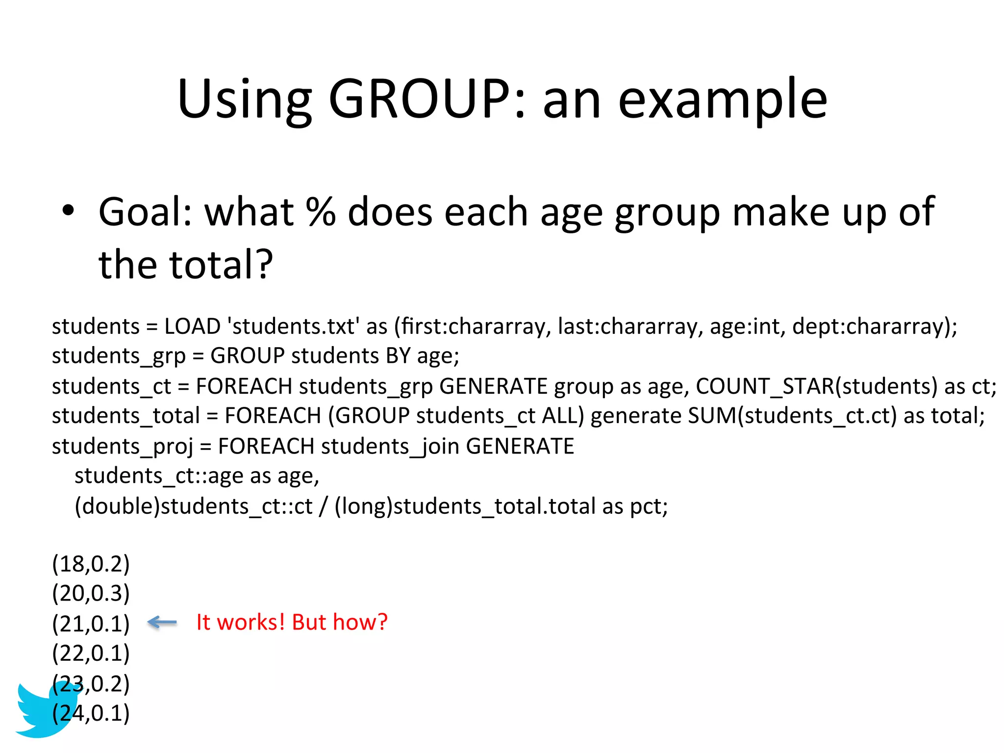 Using	
  GROUP:	
  an	
  example	
  
 •  Goal:	
  what	
  %	
  does	
  each	
  age	
  group	
  make	
  up	
  of	
  
    the	
  total?	
  
students	
  =	
  LOAD	
  'students.txt'	
  as	
  (ﬁrst:chararray,	
  last:chararray,	
  age:int,	
  dept:chararray);	
  
students_grp	
  =	
  GROUP	
  students	
  BY	
  age;	
  
students_ct	
  =	
  FOREACH	
  students_grp	
  GENERATE	
  group	
  as	
  age,	
  COUNT_STAR(students)	
  as	
  ct;	
  
students_total	
  =	
  FOREACH	
  (GROUP	
  students_ct	
  ALL)	
  generate	
  SUM(students_ct.ct)	
  as	
  total;	
  
students_proj	
  =	
  FOREACH	
  students_join	
  GENERATE	
  
	
  	
  	
  	
  students_ct::age	
  as	
  age,	
  
	
  	
  	
  	
  (double)students_ct::ct	
  /	
  (long)students_total.total	
  as	
  pct;	
  
	
  
(18,0.2)	
  
	
  
(20,0.3)	
  
(21,0.1)	
                 It	
  works!	
  But	
  how?	
  
(22,0.1)	
  
(23,0.2)	
  
(24,0.1)	
  
 
