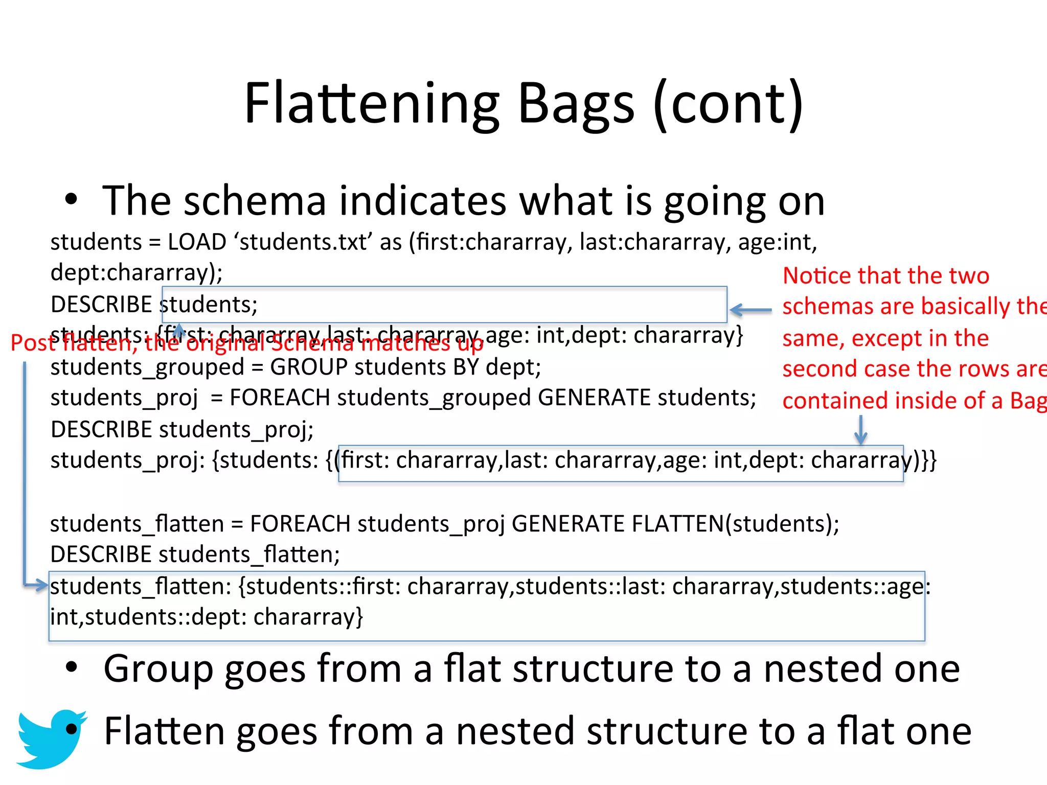 Fla=ening	
  Bags	
  (cont)	
  
      •  The	
  schema	
  indicates	
  what	
  is	
  going	
  on	
  
   students	
  =	
  LOAD	
  ‘students.txt’	
  as	
  (ﬁrst:chararray,	
  last:chararray,	
  age:int,	
  
   dept:chararray);	
                                                                          NoAce	
  that	
  the	
  two	
  
   DESCRIBE	
  students;	
                                                                     schemas	
  are	
  basically	
  the
Post	
  ﬂa=en,	
  the	
  original	
  Schema	
  mchararray,age:	
  int,dept:	
  chararray}	
   same,	
  except	
  in	
  the	
  
   students:	
  {ﬁrst:	
  chararray,last:	
   atches	
  up	
  
   students_grouped	
  =	
  GROUP	
  students	
  BY	
  dept;	
                                 second	
  case	
  the	
  rows	
  are
   students_proj	
  	
  =	
  FOREACH	
  students_grouped	
  GENERATE	
  students;	
   contained	
  inside	
  of	
  a	
  Bag
   DESCRIBE	
  students_proj;	
  
   students_proj:	
  {students:	
  {(ﬁrst:	
  chararray,last:	
  chararray,age:	
  int,dept:	
  chararray)}}	
  

     students_ﬂa=en	
  =	
  FOREACH	
  students_proj	
  GENERATE	
  FLATTEN(students);	
  
     DESCRIBE	
  students_ﬂa=en;	
  
     students_ﬂa=en:	
  {students::ﬁrst:	
  chararray,students::last:	
  chararray,students::age:	
  
     int,students::dept:	
  chararray}	
  

      •  Group	
  goes	
  from	
  a	
  ﬂat	
  structure	
  to	
  a	
  nested	
  one	
  
      •  Fla=en	
  goes	
  from	
  a	
  nested	
  structure	
  to	
  a	
  ﬂat	
  one	
  
 