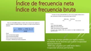 -Los días de tiempo perdido por reposo medico
resultantes de las lesiones que ocasión incapacidad
absoluta temporal.
-6000 días cargados por cada lesión fatal o
incapacidad absoluta permanente.
 