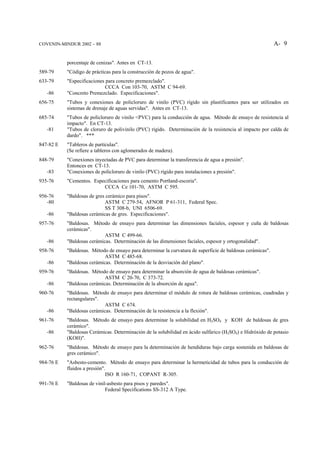 COVENIN-MINDUR 2002 – 88                                                                                    A- 9


           porcentaje de cenizas". Antes en CT-13.
589-79     "Código de prácticas para la construcción de pozos de agua".
633-79     "Especificaciones para concreto premezclado".
                            CCCA Con 103-70, ASTM C 94-69.
   -86     "Concreto Premezclado. Especificaciones".
656-75     "Tubos y conexiones de policloruro de vinilo (PVC) rígido sin plastificantes para ser utilizados en
           sistemas de drenaje de aguas servidas". Antes en CT-13.
685-74     "Tubos de policloruro de vinilo <PVC) para la conducción de agua. Método de ensayo de resistencia al
           impacto". En CT-13.
   -81     "Tubos de cloruro de polivinilo (PVC) rígido. Determinación de la resistencia al impacto por calda de
           dardo". ***
847-82 E   "Tableros de partículas".
           (Se refiere a tableros con aglomerados de madera).
848-79     "Conexiones inyectadas de PVC para determinar la transferencia de agua a presión".
           Entonces en CT-13.
   -83     "Conexiones de policloruro de vinilo (PVC) rígido para instalaciones a presión".
935-76     "Cementos. Especificaciones para cemento Portland-escoria".
                          CCCA Ce 101-70, ASTM C 595.
956-76     "Baldosas de gres cerámico para pisos".
   -80                      ASTM C 279-54, AFNOR P 61-311, Federal Spec.
                            SS T 308-b, UNI 6506-69.
   -86     "Baldosas cerámicas de gres. Especificaciones".
957-76     "Baldosas. Método de ensayo para determinar las dimensiones faciales, espesor y cuña de baldosas
           cerámicas".
                            ASTM C 499-66.
   -86     "Baldosas cerámicas. Determinación de las dimensiones faciales, espesor y ortogonalidad".
958-76     "Baldosas. Método de ensayo para determinar la curvatura de superficie de baldosas cerámicas".
                            ASTM C 485-68.
   -86     "Baldosas cerámicas. Determinación de la desviación del plano".
959-76     "Baldosas. Método de ensayo para determinar la absorción de agua de baldosas cerámicas".
                            ASTM C 20-70, C 373-72.
   -86     "Baldosas cerámicas. Determinación de la absorción de agua".
960-76     "Baldosas. Método de ensayo para determinar el módulo de rotura de baldosas cerámicas, cuadradas y
           rectangulares".
                            ASTM C 674.
   -86     "Baldosas cerámicas. Determinación de la resistencia a la flexión".
961-76     "Baldosas. Método de ensayo para determinar la solubilidad en H2SO4 y KOH de baldosas de gres
           cerámico".
   -86     "Baldosas Cerámicas. Determinación de la solubilidad en ácido sulfúrico (H2SO4) e Hidróxido de potasio
           (KOH)".
962-76     "Baldosas. Método de ensayo para la determinación de hendiduras bajo carga sostenida en baldosas de
           gres cerámico".
984-76 E   "Asbesto-cemento. Método de ensayo para determinar la hermeticidad de tubos para la conducción de
           fluidos a presión".
                              ISO R 160-71, COPANT R-305.
991-76 E   "Baldosas de vinil-asbesto para pisos y paredes".
                             Federal Specifications SS-312 A Type.
 