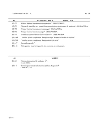 COVENIN-MINDUR 2002 – 88                                                                             A- 19


    1.9                               SECTOR MECANICA                       Comité CT-20
   621-72     "Código Nacional para ascensores de pasajeros". OBLIGATORIA.
   622-72     "Normas de seguridad para instalación y mantenimiento de ascensores de pasajeros". OBLIGATORIA.
   623-72     "Código Nacional para ascensores de carga". OBLIGATORIA.
   624-72     "Código Nacional para montacargas". OBLIGATORIA.
   625-72     "Norma de seguridad para escaleras mecánicas". OBLIGATORIA.
   651-79 E   "Tornillos, pernos y espárragos. Ensayo de carga. Método de medida de longitud".
   653-79 E   "Tornillos, pernos y espárragos. Ensayo de tracción axial".
   1314-77    "Pernos hexagonales".
   2265-85    "Guía general para la inspección de ascensores y montacargas".




   1.10                                                      VARIOS
   288-65     "Sistema Internacional de unidades, SI".
              Comité MISC.
   2021-81    "Formato para llamado a licitaciones públicas. Requisitos*'
              Comité CTA-21.




JM/ew
 