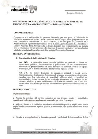 Convenio Ministerio de Educación y Fe y Alegría - Ecuador