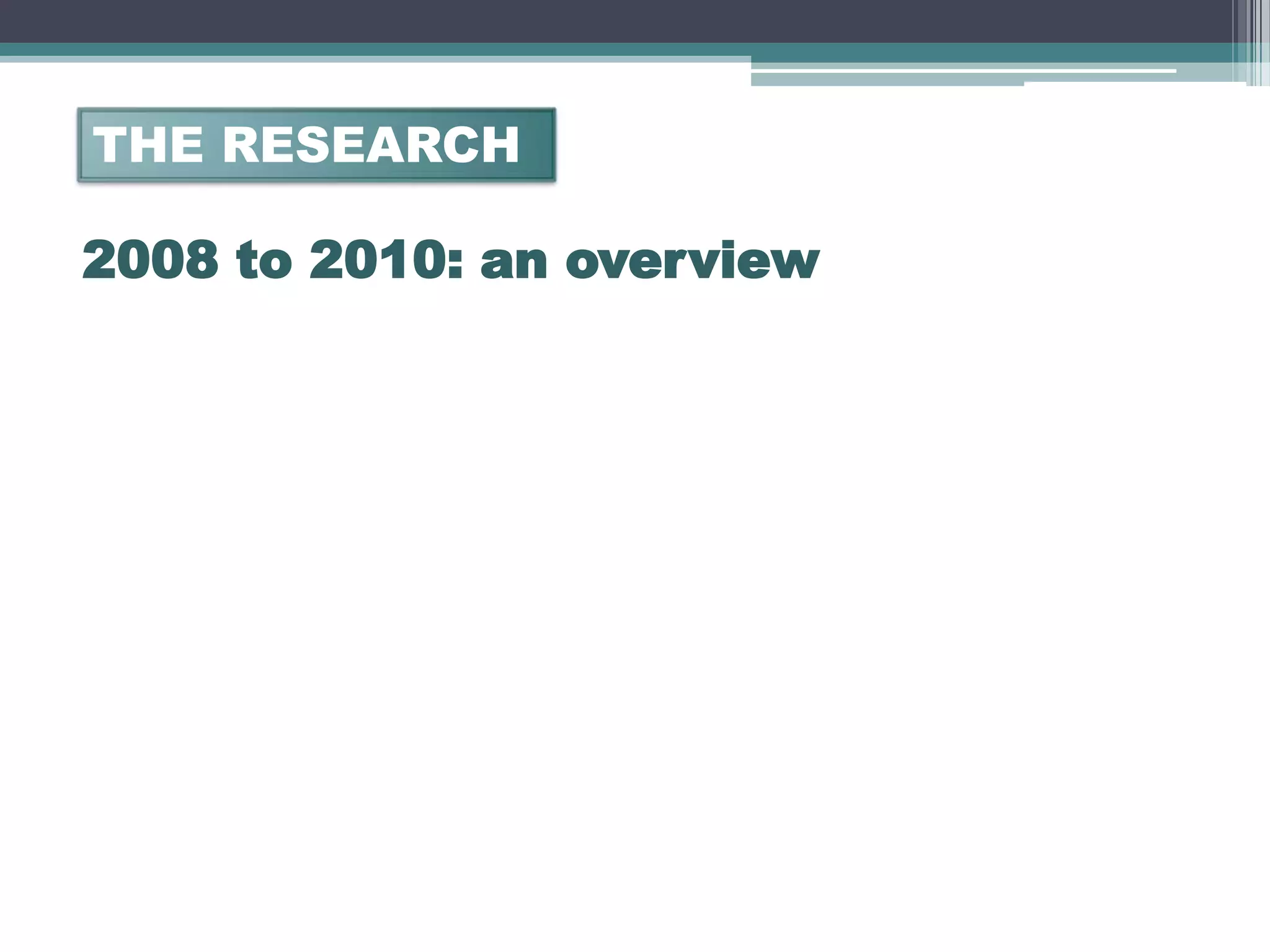THE RESEARCH

2008 to 2010: an overview
 