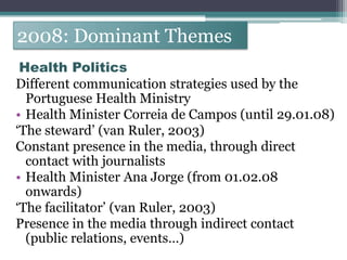 2008: Dominant Themes
 Health Politics
Different communication strategies used by the
  Portuguese Health Ministry
• Health Minister Correia de Campos (until 29.01.08)
„The steward‟ (van Ruler, 2003)
Constant presence in the media, through direct
  contact with journalists
• Health Minister Ana Jorge (from 01.02.08
  onwards)
„The facilitator‟ (van Ruler, 2003)
Presence in the media through indirect contact
  (public relations, events…)
 