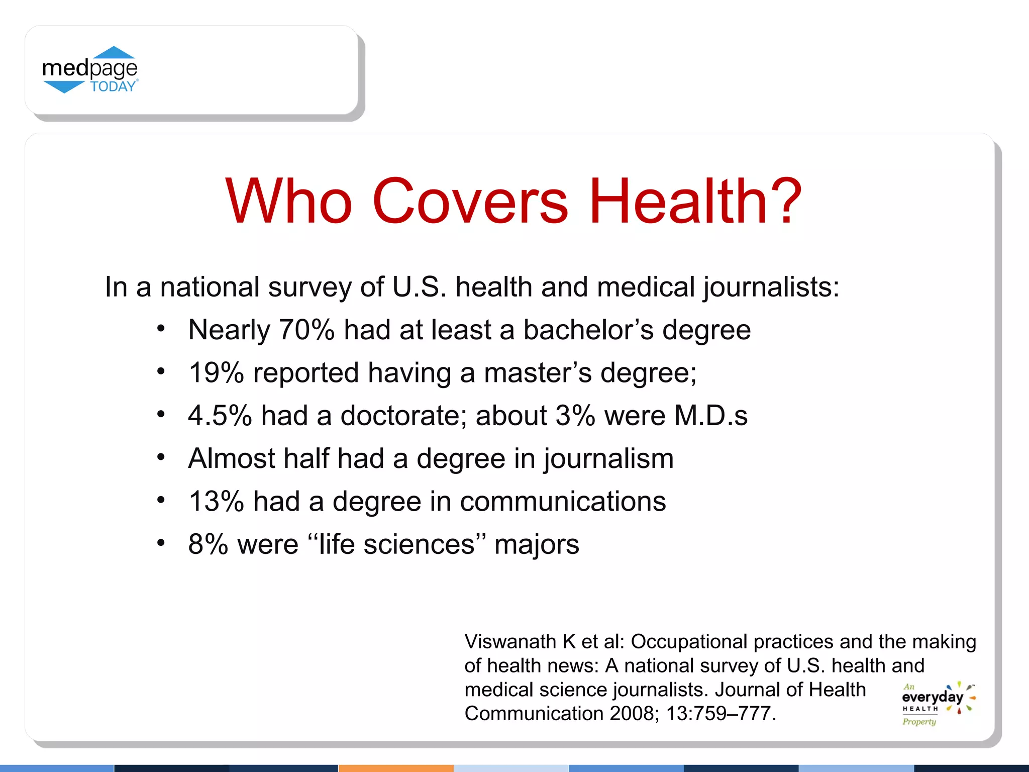 In a national survey of U.S. health and medical journalists:
• Nearly 70% had at least a bachelor’s degree
• 19% reported having a master’s degree;
• 4.5% had a doctorate; about 3% were M.D.s
• Almost half had a degree in journalism
• 13% had a degree in communications
• 8% were ‘‘life sciences’’ majors
Viswanath K et al: Occupational practices and the making
of health news: A national survey of U.S. health and
medical science journalists. Journal of Health
Communication 2008; 13:759–777.
Who Covers Health?
 