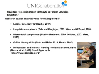 How does Telecollaboration contribute to Foreign Language
Education?
Research studies show its value for development of:
•

Learner autonomy (O’Rourke, 2007)

•

Linguistic competence (Belz and Kinginger, 2003; Ware and O’Dowd, 2008)

•

Intercultural competence (Mueller-Hartmann, 2000; O’Dowd, 2003; Ware,
2005)

•

Online literacy skills (Guth and Helm, 2010; Hauck, 2007)

• Independent and informal learning - online fan communities
(Thorne et al., 2009), SpeakApps tools
(http://www.speakapps.org/)

 