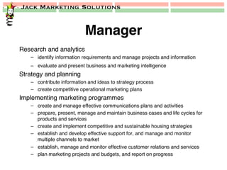 Jack Marketing Solutions
Manager!
Research and analytics!
–  identify information requirements and manage projects and information!
–  evaluate and present business and marketing intelligence!
Strategy and planning!
–  contribute information and ideas to strategy process!
–  create competitive operational marketing plans!
Implementing marketing programmes!
–  create and manage effective communications plans and activities!
–  prepare, present, manage and maintain business cases and life cycles for
products and services!
–  create and implement competitive and sustainable housing strategies!
–  establish and develop effective support for, and manage and monitor
multiple channels to market!
–  establish, manage and monitor effective customer relations and services!
–  plan marketing projects and budgets, and report on progress!
 