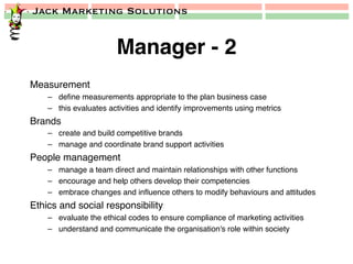 Jack Marketing Solutions
Manager - 2!
Measurement!
–  deﬁne measurements appropriate to the plan business case!
–  this evaluates activities and identify improvements using metrics!
Brands!
–  create and build competitive brands!
–  manage and coordinate brand support activities!
People management!
–  manage a team direct and maintain relationships with other functions!
–  encourage and help others develop their competencies!
–  embrace changes and inﬂuence others to modify behaviours and attitudes!
Ethics and social responsibility!
–  evaluate the ethical codes to ensure compliance of marketing activities!
–  understand and communicate the organisation's role within society!
 