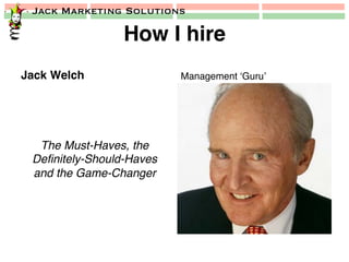 Jack Marketing Solutions
How I hire!
Jack Welch!
The Must-Haves, the
Deﬁnitely-Should-Haves
and the Game-Changer!
Management ‘Guru’!
 