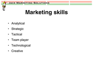 Jack Marketing Solutions
Marketing skills!
•  Analytical!
•  Strategic!
•  Tactical!
•  Team player!
•  Technological!
•  Creative!
 