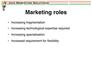 Jack Marketing Solutions
Marketing roles!
•  Increasing fragmentation!
•  Increasing technological expertise required!
•  Increasing specialisation!
•  Increased requirement for ﬂexibility!
 
