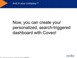 And in your company ?




                                     Now, you can create your
                                     personalized, search-triggered
                                     dashboard with Coveo!




5   Copyright © 2010 Coveo Solutions Inc. - All rights reserved. Proprietary and CONFIDENTIAL
 