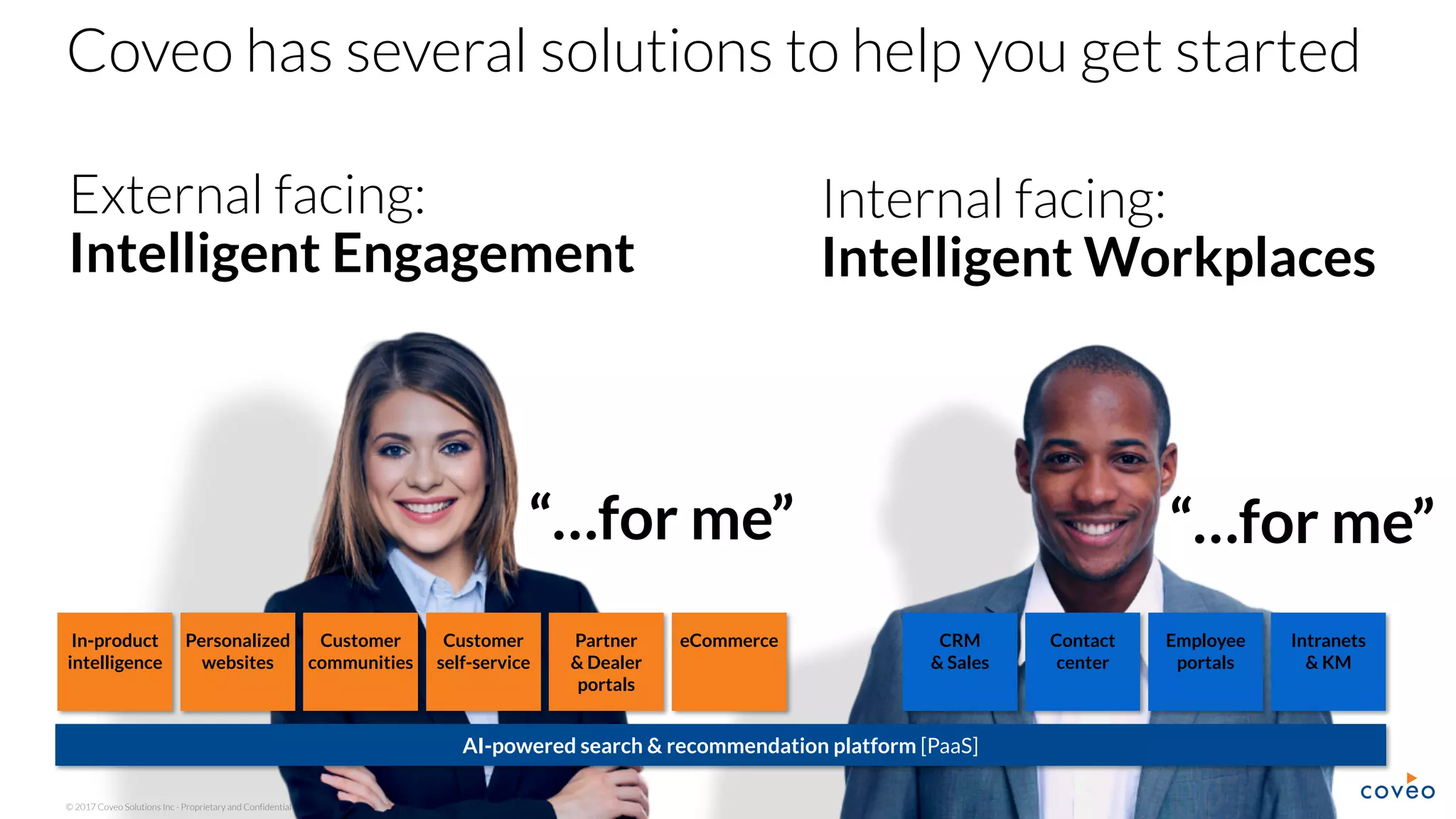 © 2017 Coveo Solutions Inc - Proprietary and Confidential
Internal facing:
Intelligent Workplaces
“…for me” “…for me”
Customer
communities
Personalized
websites
Customer
self-service
Partner
& Dealer
portals
eCommerceIn-product
intelligence
External facing:
Intelligent Engagement
Contact
center
CRM
& Sales
Employee
portals
Intranets
& KM
AI-powered search & recommendation platform [PaaS]
Coveo has several solutions to help you get started
 