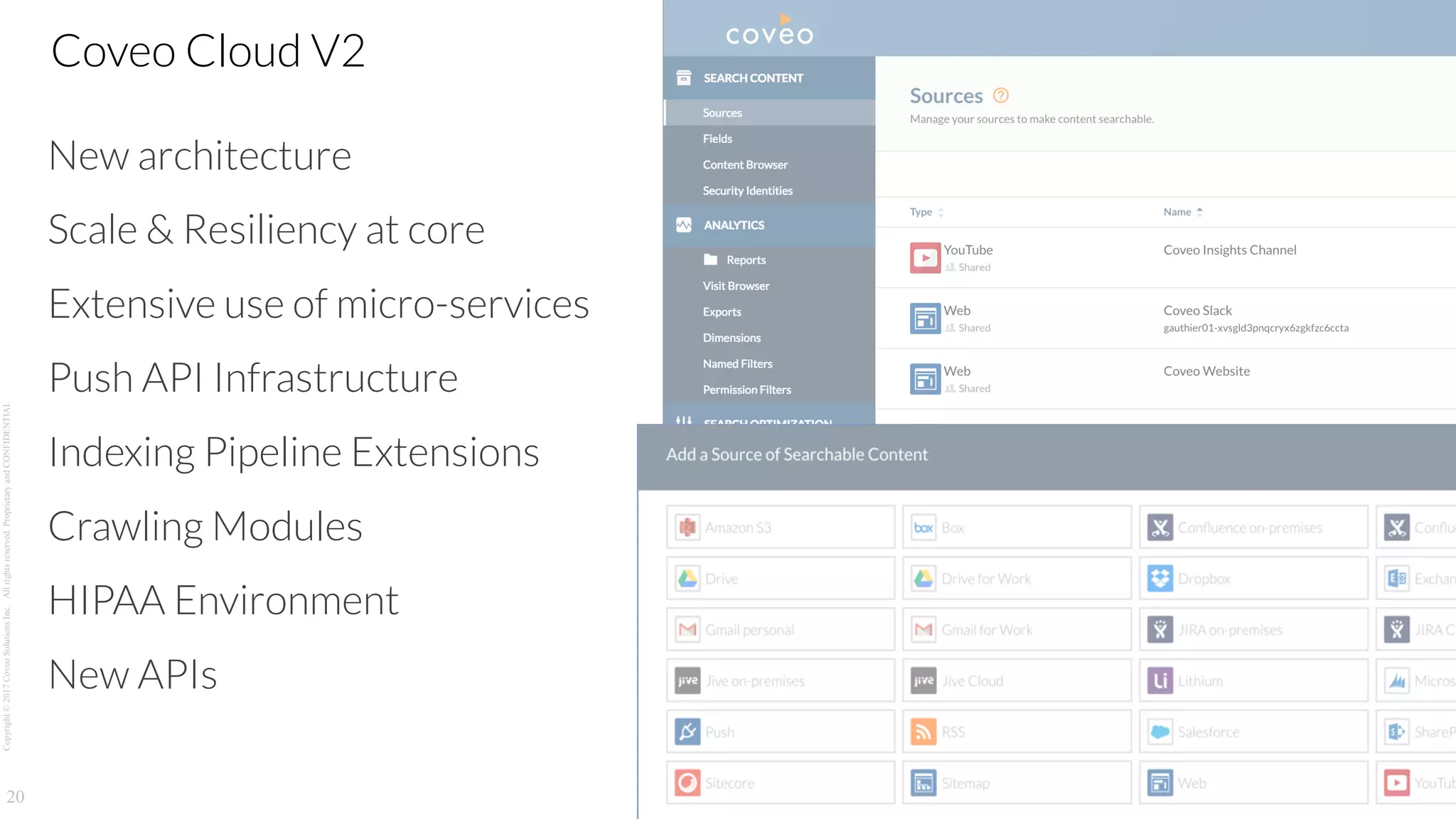 Copyright©2017CoveoSolutionsInc.Allrightsreserved.ProprietaryandCONFIDENTIAL
New architecture
Scale & Resiliency at core
Extensive use of micro-services
Push API Infrastructure
Indexing Pipeline Extensions
Crawling Modules
HIPAA Environment
New APIs
20
Coveo Cloud V2
 