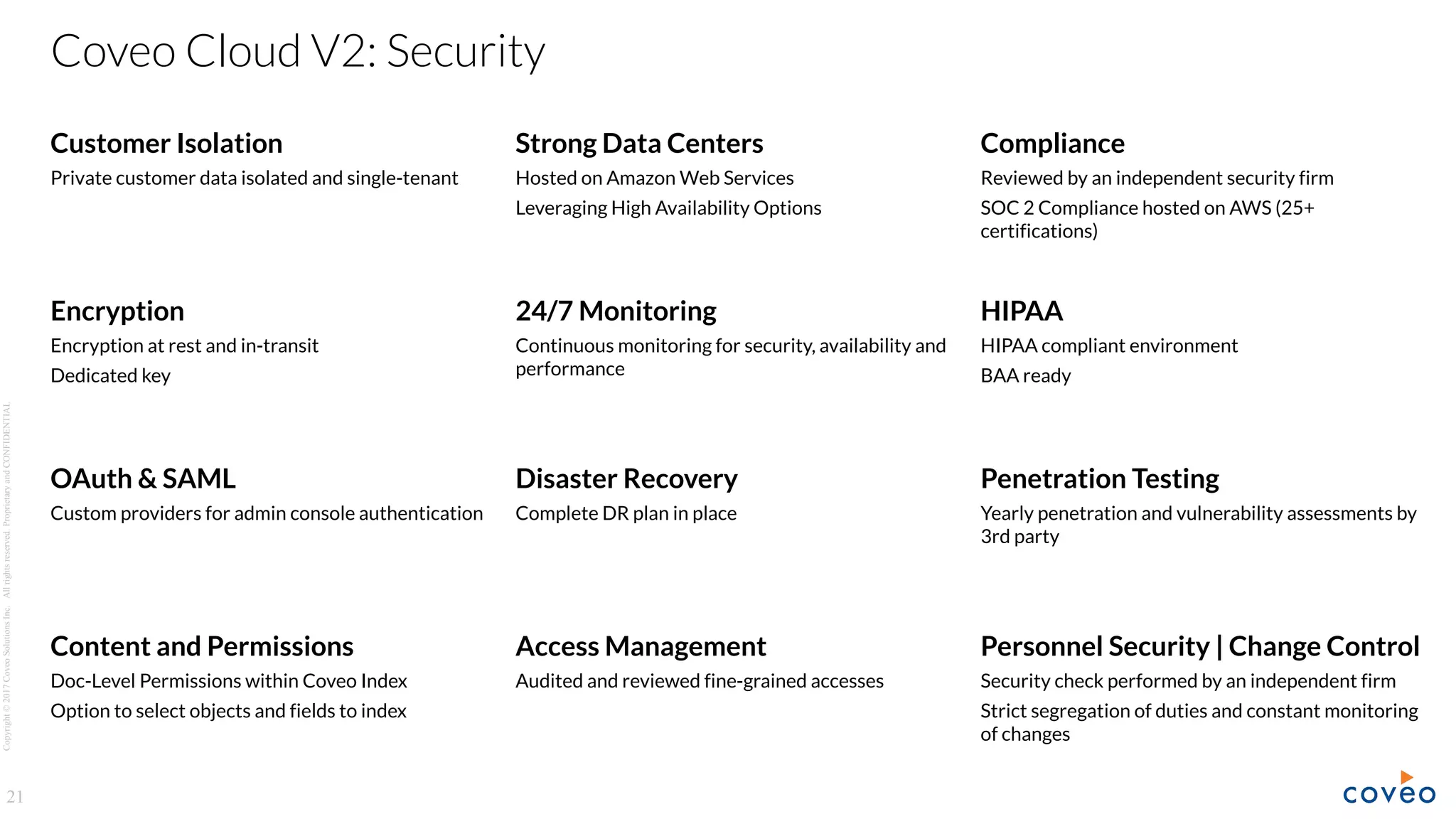 Copyright©2017CoveoSolutionsInc.Allrightsreserved.ProprietaryandCONFIDENTIAL
21
Coveo Cloud V2: Security
Customer Isolation
Private customer data isolated and single-tenant
Strong Data Centers
Hosted on Amazon Web Services
Leveraging High Availability Options
Compliance
Reviewed by an independent security firm
SOC 2 Compliance hosted on AWS (25+
certifications)
Encryption
Encryption at rest and in-transit
Dedicated key
24/7 Monitoring
Continuous monitoring for security, availability and
performance
HIPAA
HIPAA compliant environment
BAA ready
OAuth & SAML
Custom providers for admin console authentication
Disaster Recovery
Complete DR plan in place
Penetration Testing
Yearly penetration and vulnerability assessments by
3rd party
Content and Permissions
Doc-Level Permissions within Coveo Index
Option to select objects and fields to index
Access Management
Audited and reviewed fine-grained accesses
Personnel Security | Change Control
Security check performed by an independent firm
Strict segregation of duties and constant monitoring
of changes
 