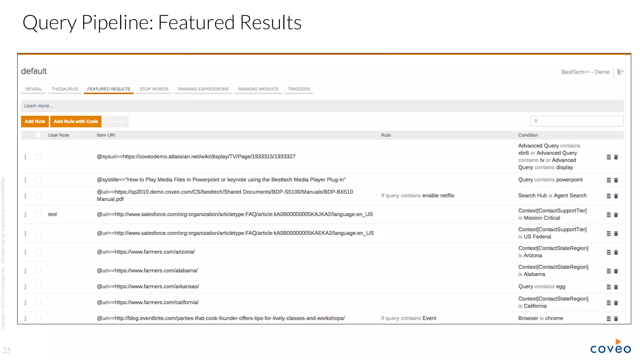 Copyright©2017CoveoSolutionsInc.Allrightsreserved.ProprietaryandCONFIDENTIAL
25
Query Pipeline: Featured Results
 
