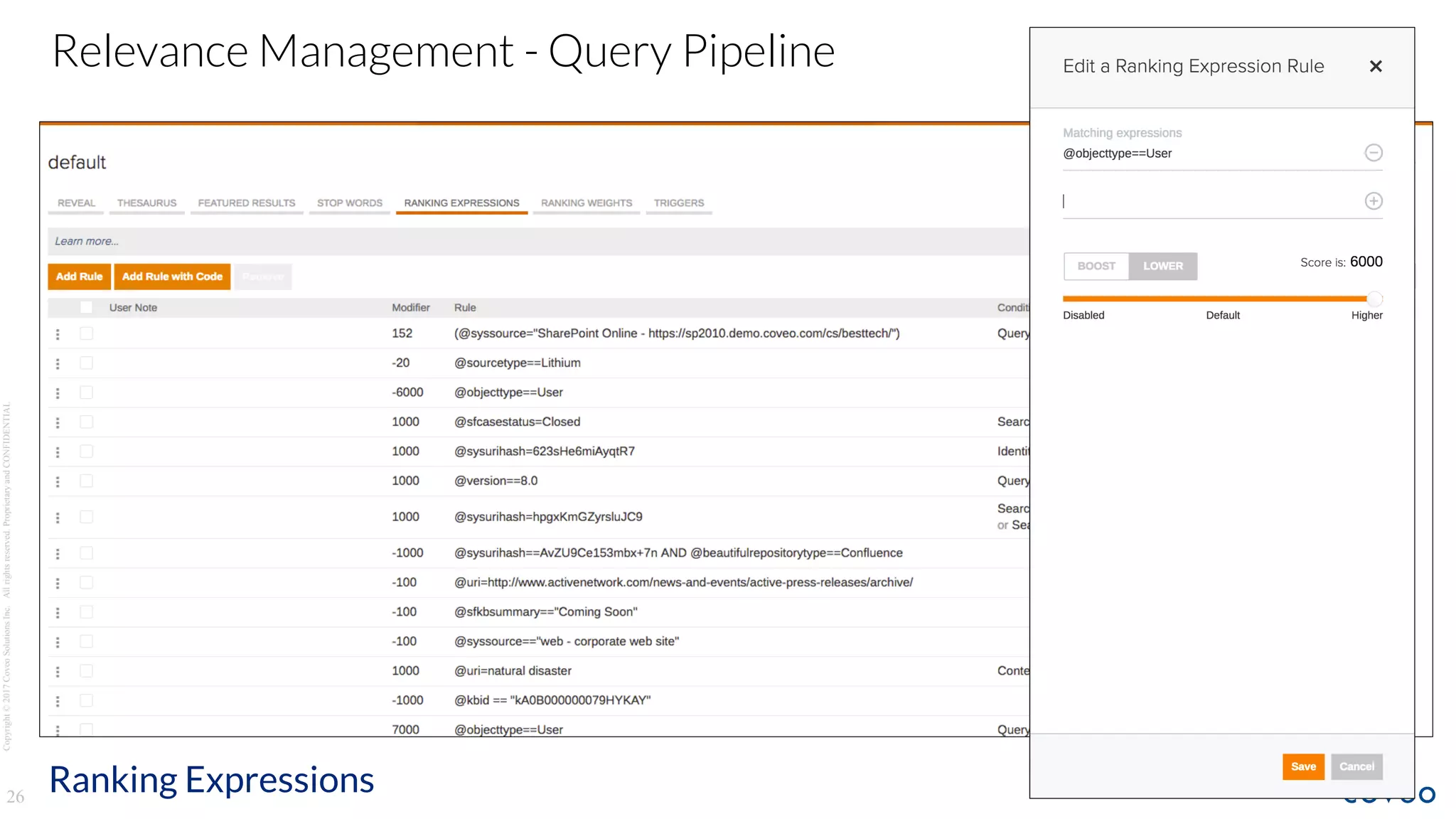 Copyright©2017CoveoSolutionsInc.Allrightsreserved.ProprietaryandCONFIDENTIAL
26
Relevance Management - Query Pipeline
Ranking Expressions
 
