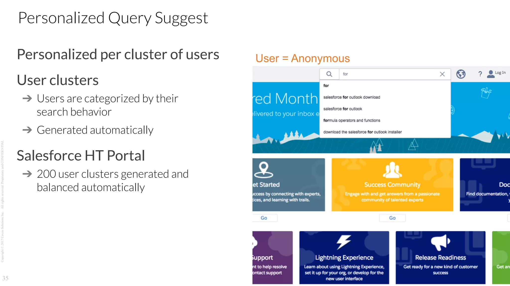 Copyright©2017CoveoSolutionsInc.Allrightsreserved.ProprietaryandCONFIDENTIAL
Personalized per cluster of users
User clusters
➔ Users are categorized by their
search behavior
➔ Generated automatically
Salesforce HT Portal
➔ 200 user clusters generated and
balanced automatically
35
Personalized Query Suggest
User = Anonymous
 