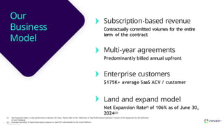 Our
Business
Model
Subscription-based revenue
Contractually committed volumes for the entire
term of the contract
Multi-year agreements
Predominantly billed annual upfront
Enterprise customers
$175K+ average SaaS ACV / customer
Land and expand model
Net Expansion Rate(
1) of 106% as of June 30,
2024(2)
(1) Net Expansion Rate is a key performance indicator of Coveo. Please refer to the "Definition of Key Performance Indicators" section of the Appendix for the definition
of such measure.
(2) Excludes the effect of SaaS Subscription revenue or SaaS ACV attributable to the Qubit Platform.
28 Copyright © Coveo Solutions Inc. All rights reserved. Proprietary and
CONFIDENTIAL 2024
 