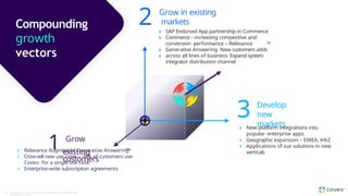 Compounding
growth
vectors
2 Grow in existing
markets
SAP Endorsed App partnership in Commerce
Commerce - increasing competitive and
conversion performance – Relevance
Generative Answering New customers adds
across all lines of business Expand system
integrator distribution channel
3 Develop
new
markets
New platform integrations into
popular enterprise apps
Geographic expansion – EMEA, ANZ
Applications of our solutions in new
verticals
1 Grow
existing
customers
Relevance Augmented Generative Answering
Cross-sell new use cases – 70% of customers use
Coveo for a single use case
Enterprise-wide subscription agreements
34 Copyright © Coveo Solutions Inc. All rights reserved. Proprietary and
CONFIDENTIAL 2024
 